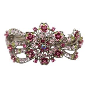 Floral Enamel & Rhinestone Large 4" Barrette Hair Clip Pink Green Silver Fairy